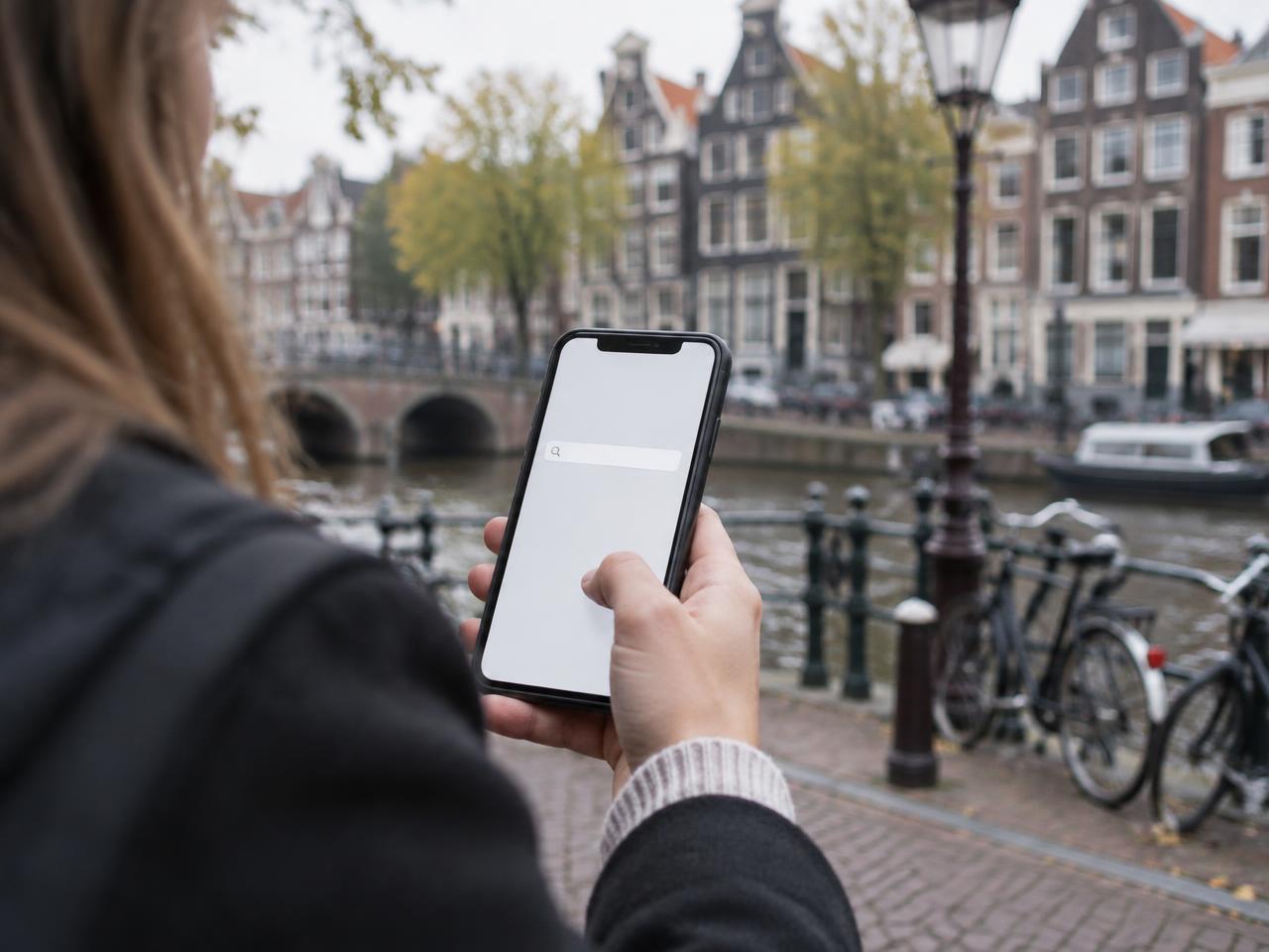 Someone searching on a phone for a business nearby, with Amsterdam canal houses behind them